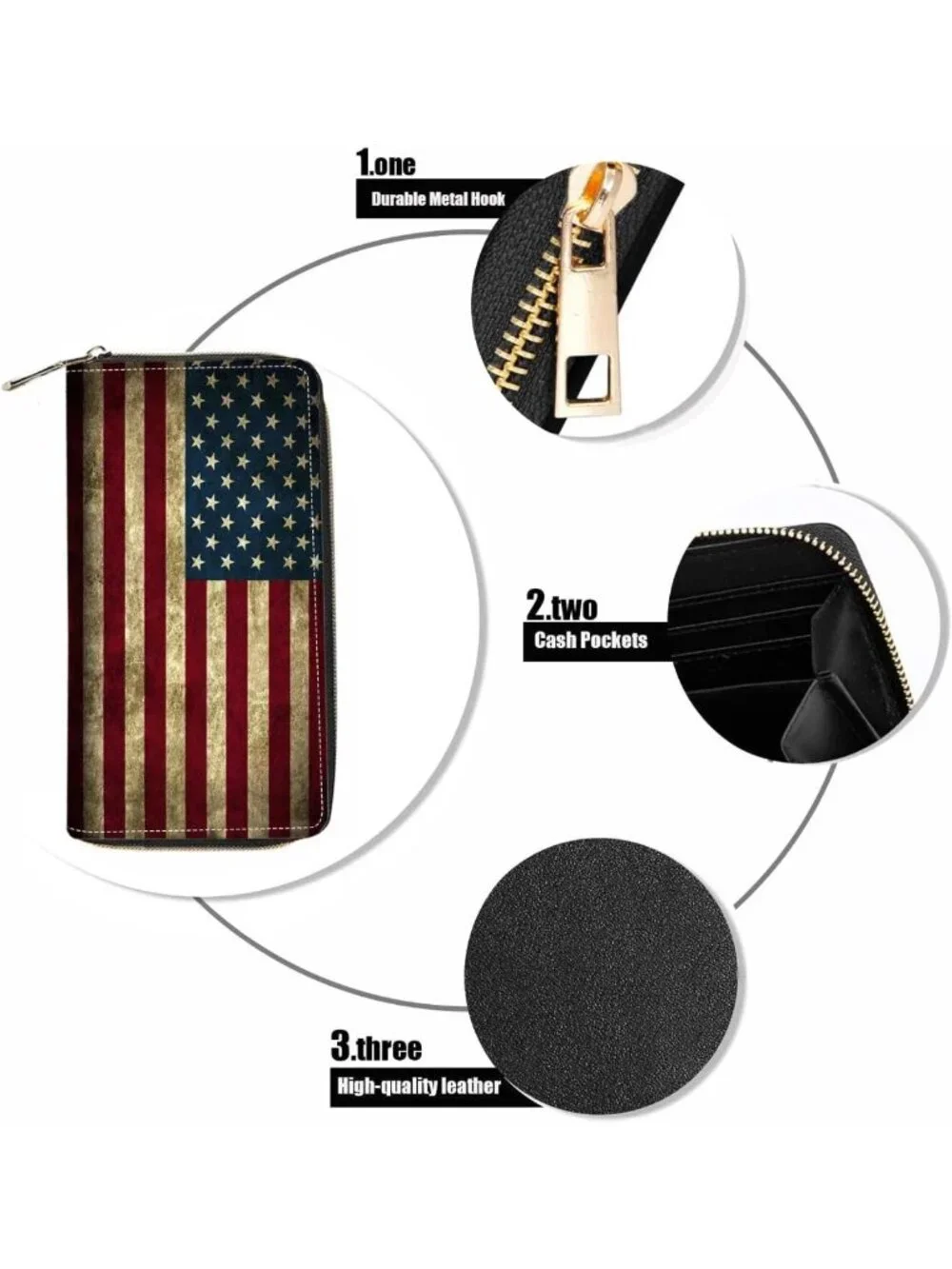 Vintage American Flag Print Large Capacity Wallet - PU Leather Zipper Clutch